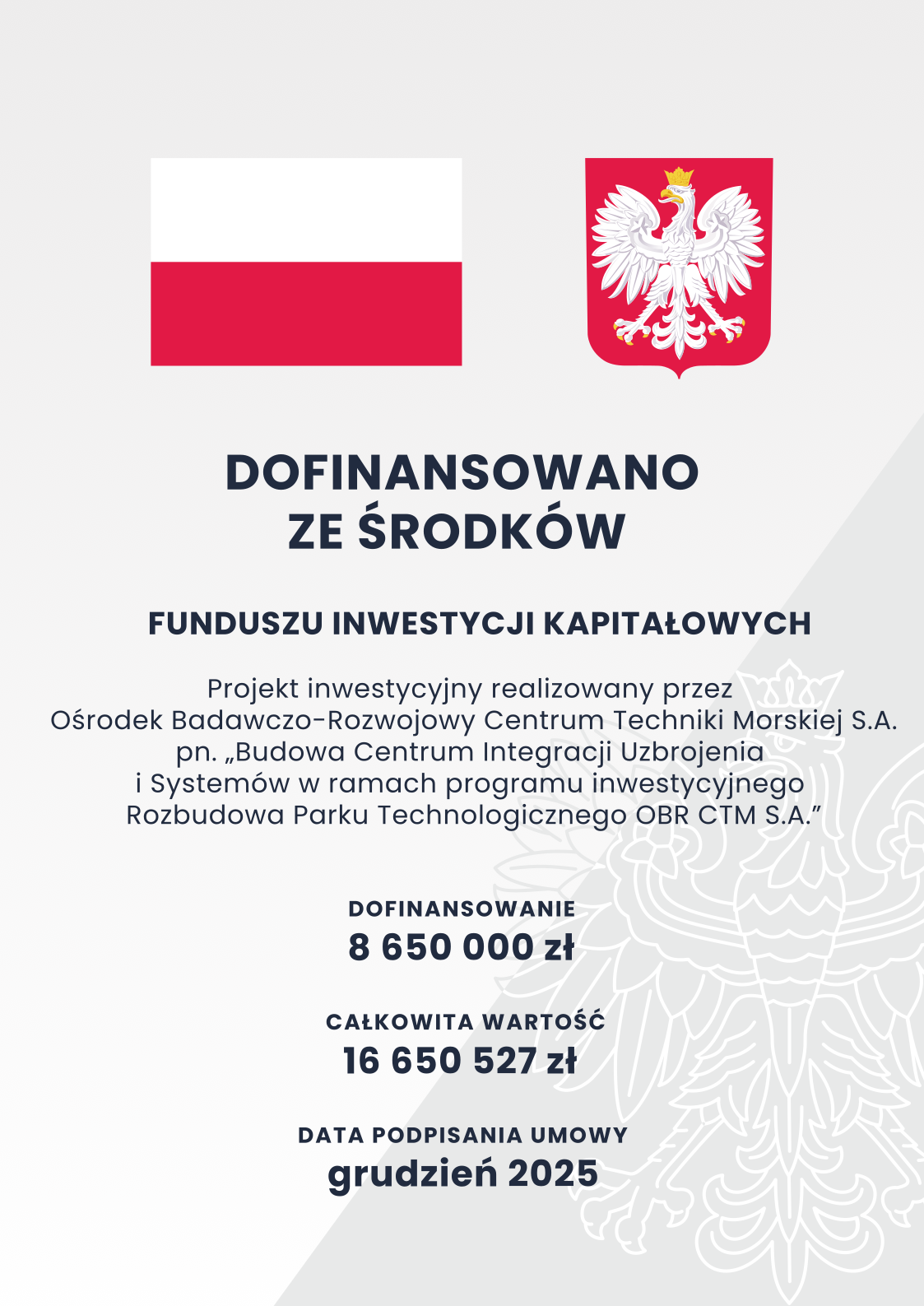 Plakat informacyjny o dofinansowaniu inwestycji ze środków Funduszu Inwestycji Kapitałowych